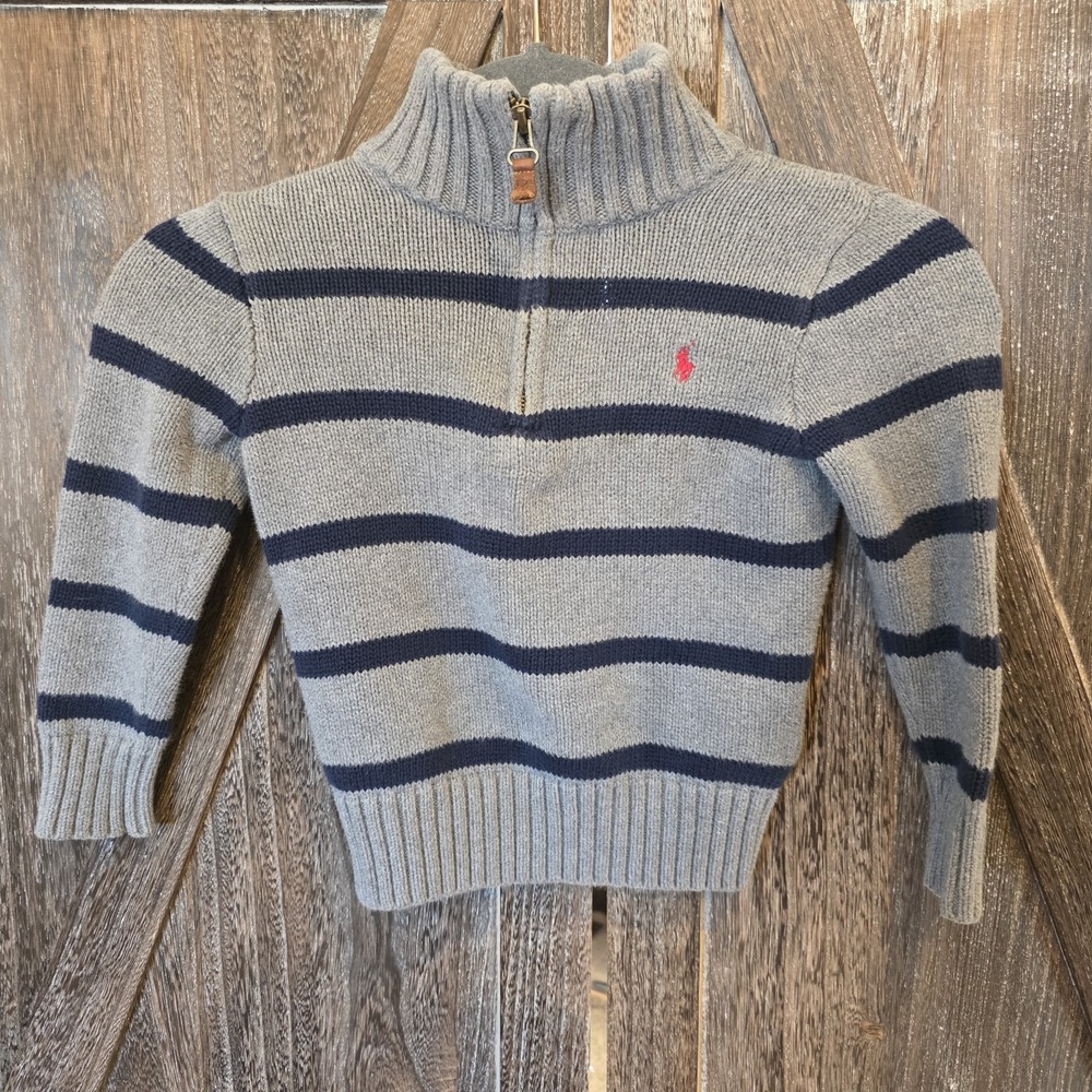 Polo by Ralph Lauren Sweater Size 4T Gray & Navy Blue Stripes‎ Mock Neck 1/4 Zip